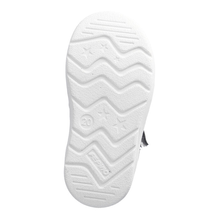 A girls waterproof boot by Ricosta, style Rory, in grey and pink with double velcro fastening. Sole view.