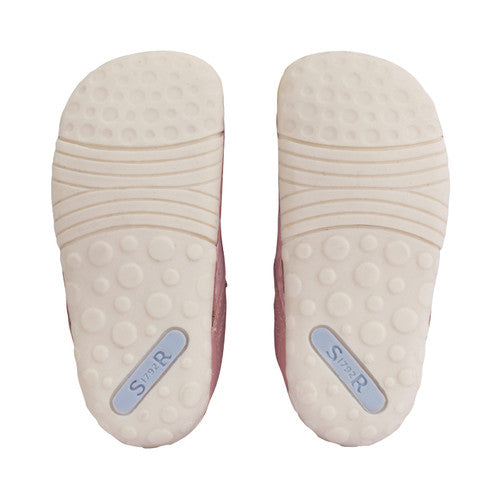 A girl's pre-walker shoe by StartRite, style Little Smile, in pink and pink leopard print with double Velcro fastening. Sole view of a pair.