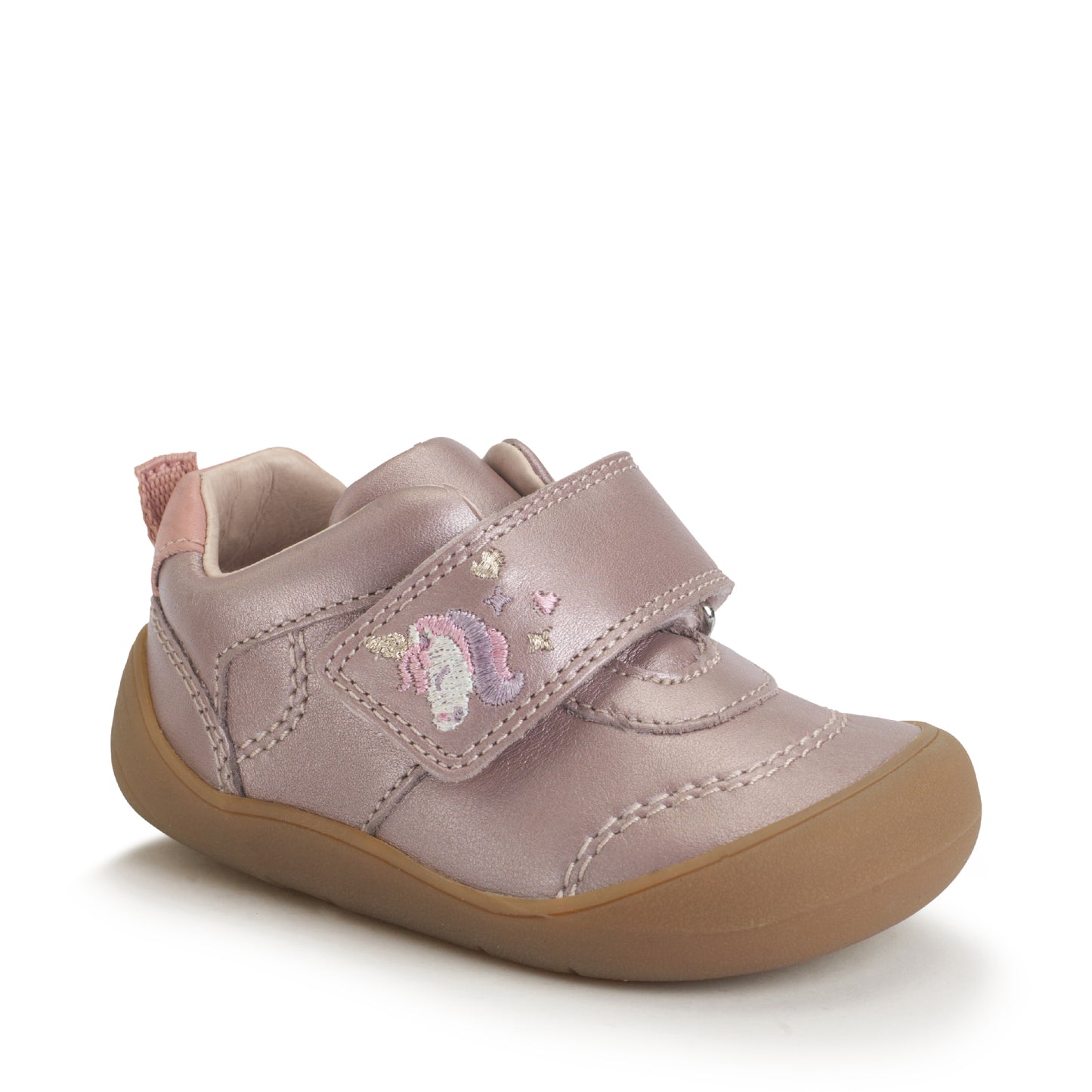A girls shoe by Start-Rite, stye Moonbeam, in blush/pearlised with wide velcro strap with unicorn design. Front view