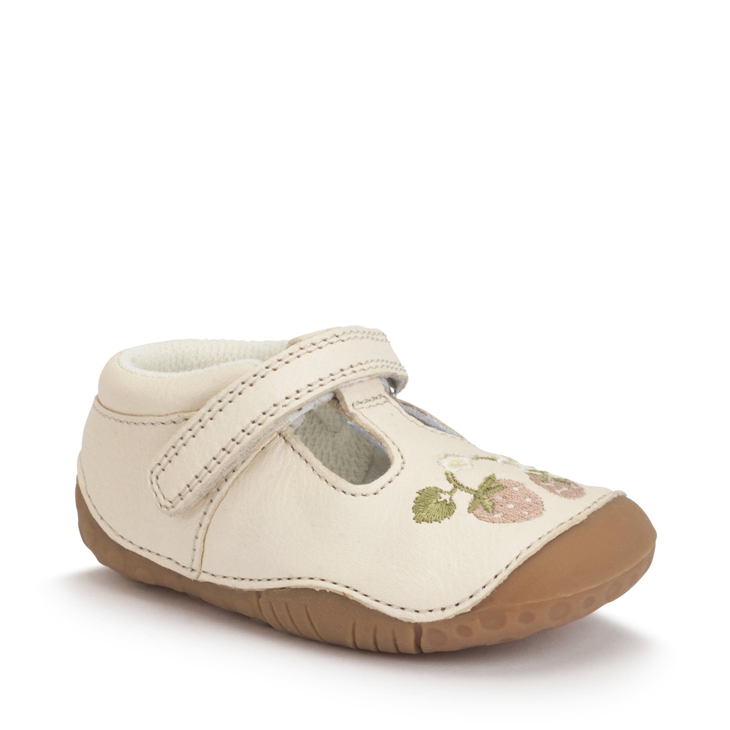 A girls pre-walker shoe by StartRite, style squish in cream with strawberry detail on front and t-bar velcro strap. Angled right side view
