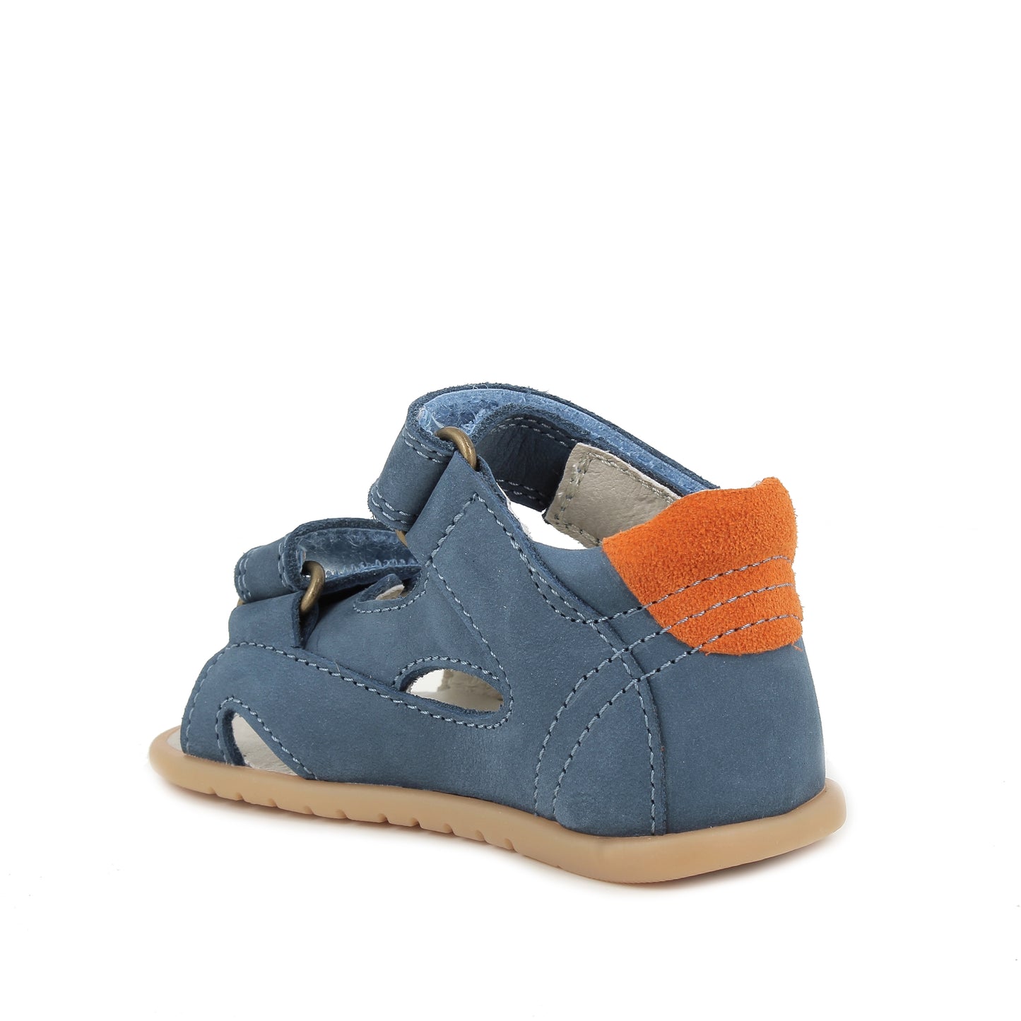 A boys sandal by Primigi, style Baby Sand Soft in Jeans woth two velcro straps and orange detailing. Angled back view