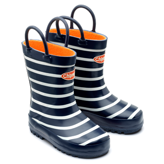 A pair of unisex fleece lined wellies by Chipmunks, style Jack, in navy, white and orange. Angled view.