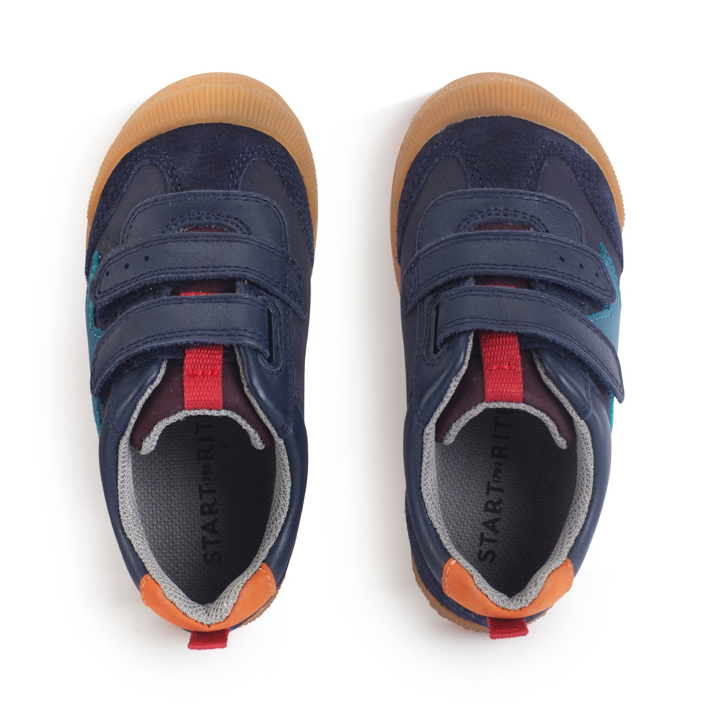 A boys shoe by Start-Rite, stye Tickle, in navy with blue star on side, with heel and toe bumpers and two velcro straps. Top view of pair