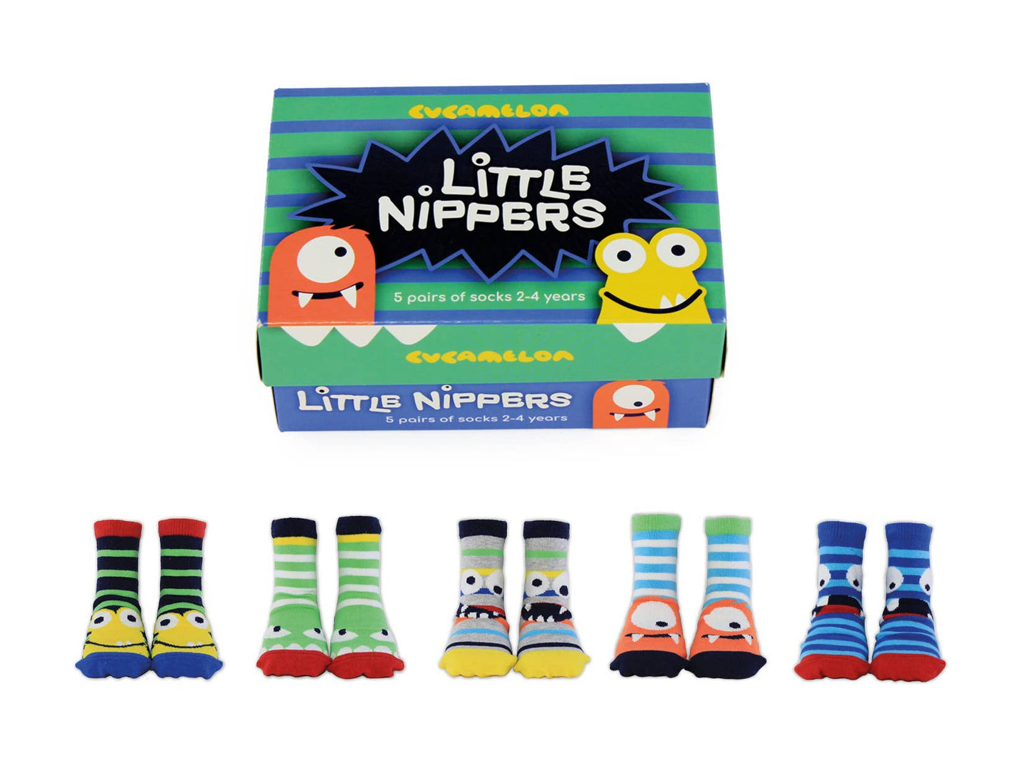 5 pairs of multicoloured monster socks by Cucamelon. Style Little Nippers. Front view of multicoloured box and socks.