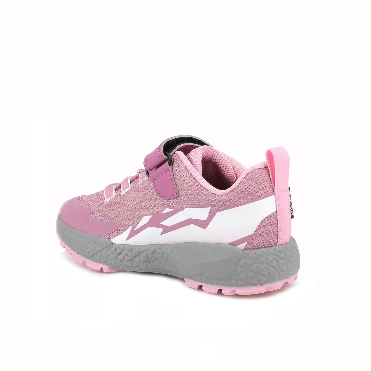 A girls waterproof trainer by Primigi, style 6918611 in pink with white pattern and grey sole. Angled left side view.