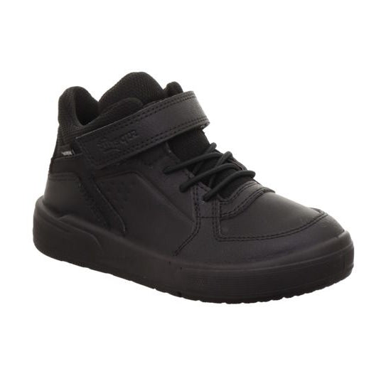 A boys casual high top boot by Superfit, style Maverick, in black with velcro fastening. Right side view.