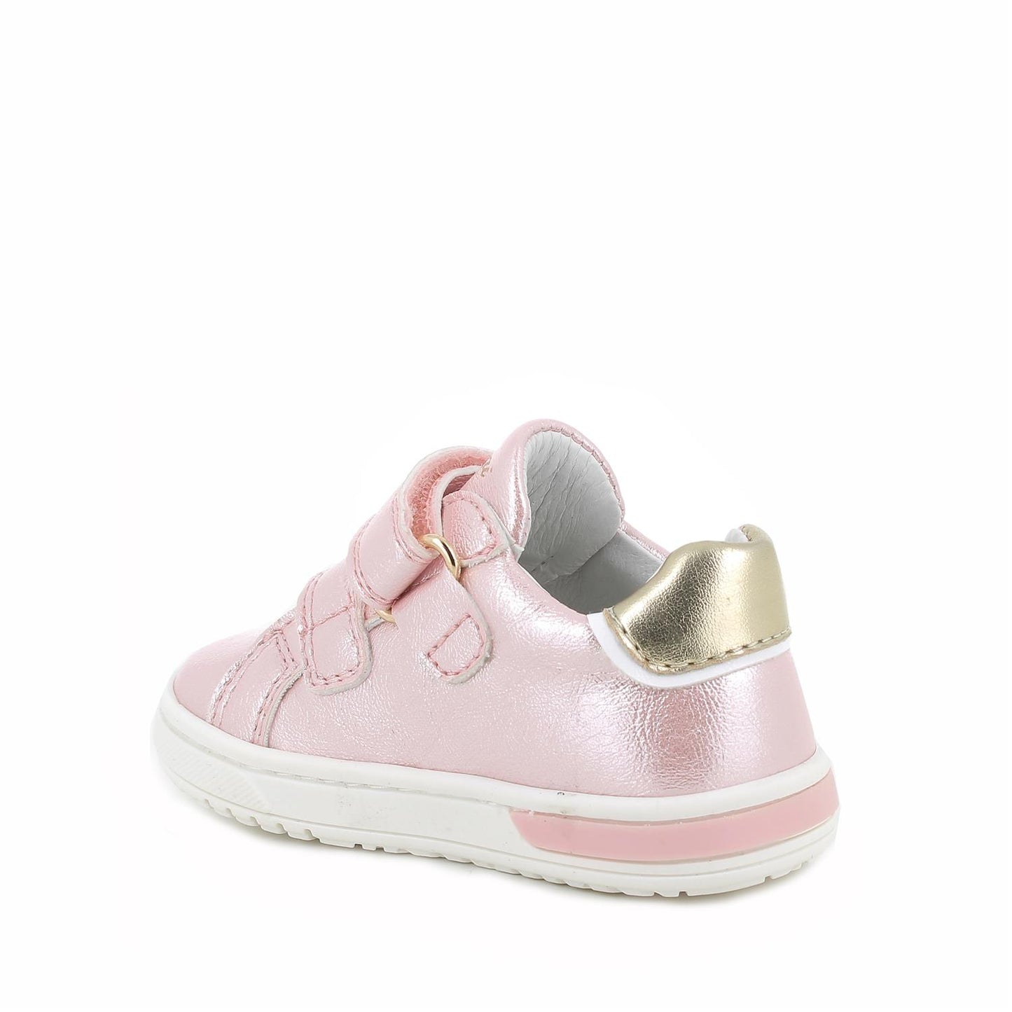 A girls casual trainer by Primigi, style Baby dude in pink, double velcro fastening. Right inner side view.