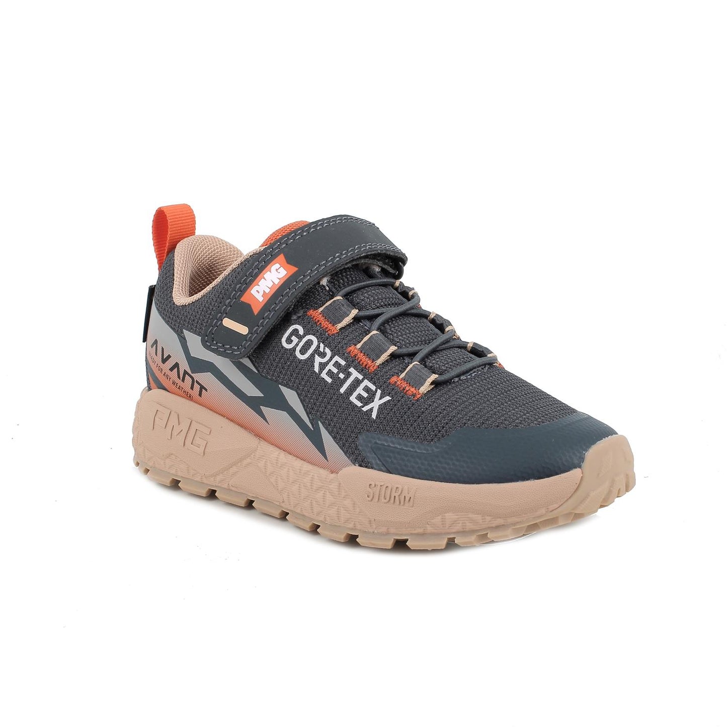 A boys trainer by Primigi, style STORM GTX 891522 in grey with taupe sole and trim. Velcro fastening. Angled right side view.