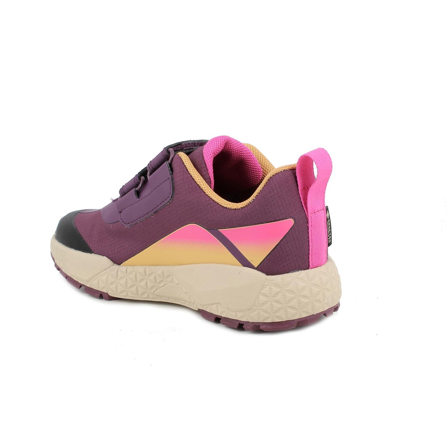 A girls waterproof trainer by Primigi, style 8916700, in purple with pink and orange trim. Velcro fastening. Angled left side view.