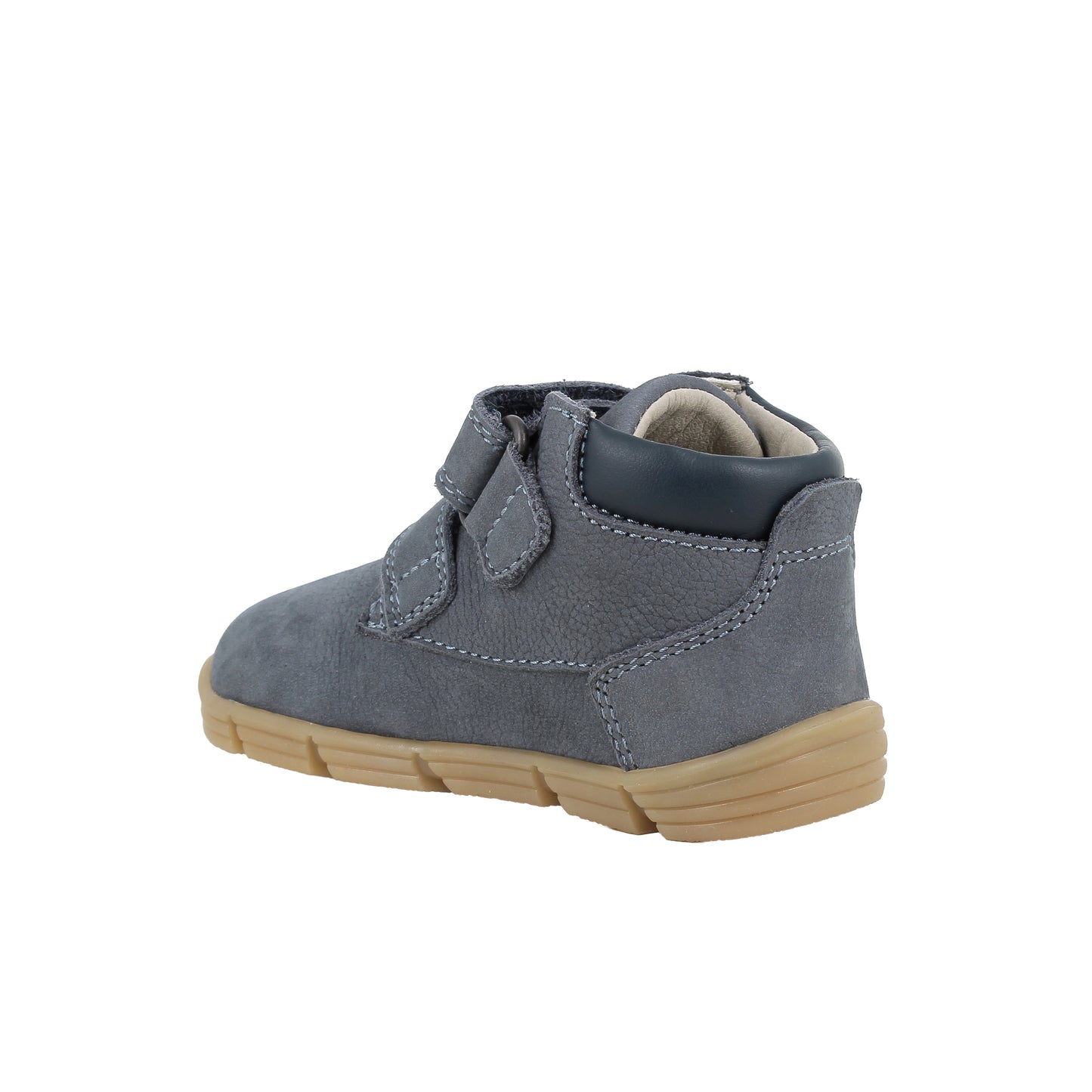Primigi boy's ankle boot in blue with double Velcro fastening and gum sole. Angled back view of right shoe.