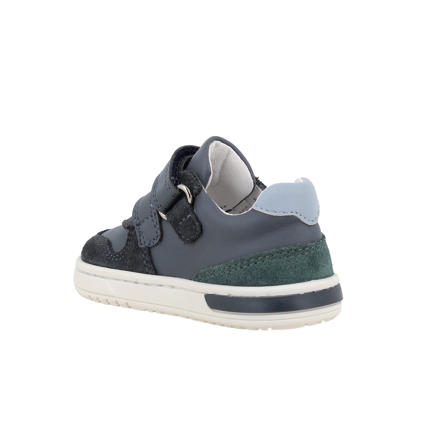 Primigi boys trainer in navy with double Velcro fastening and a white sole. Angled back view of right side shoe.