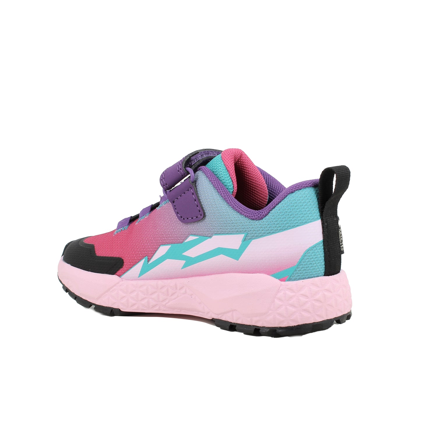 Girl's Primigi trainer in the style Storm GTX in pink, black and purple with light blue detailing a Velcro strap and black sole. Angled back view of right shoe