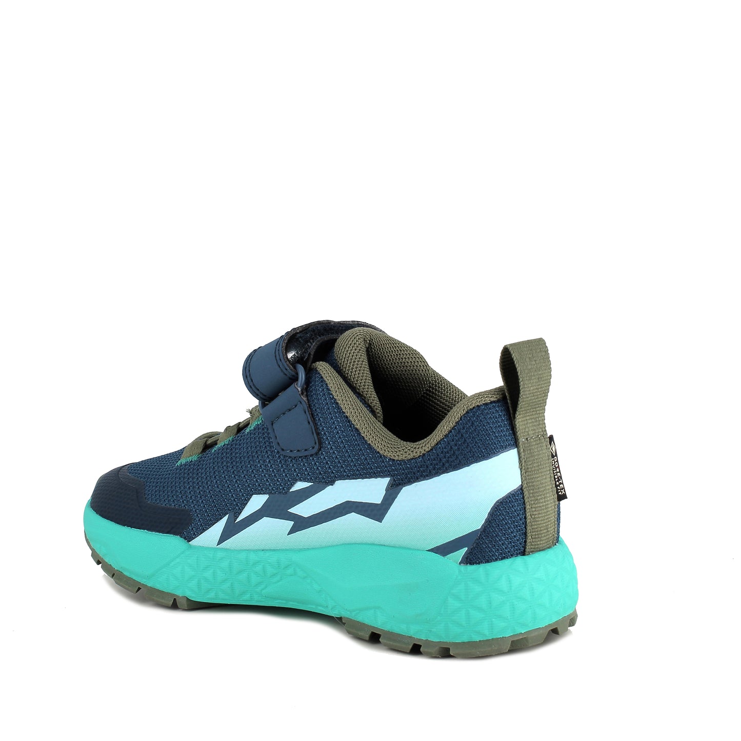 Boy's Primigi trainer in the style Storm GTX in navy and tealwith a Velcro strap and grey sole. Angled back view of right shoe.