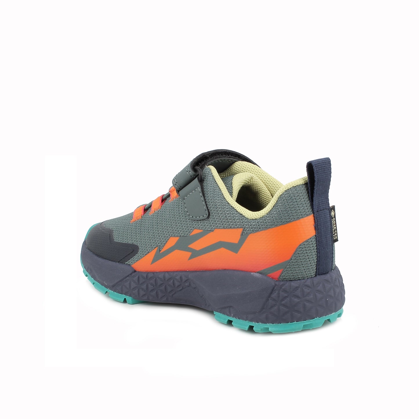 Boy's Primigi trainer in the style Storm GTX in grey with blue and orange details, a Velcro strap and a light blue sole. Angled back view of inner right shoe.
