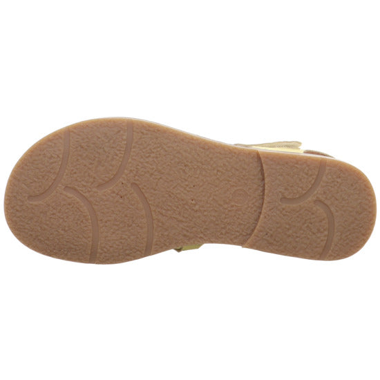 A girls sandal by Superfit, style Flair in yellow/multicolour with a t-bar velcro strap. View of sole