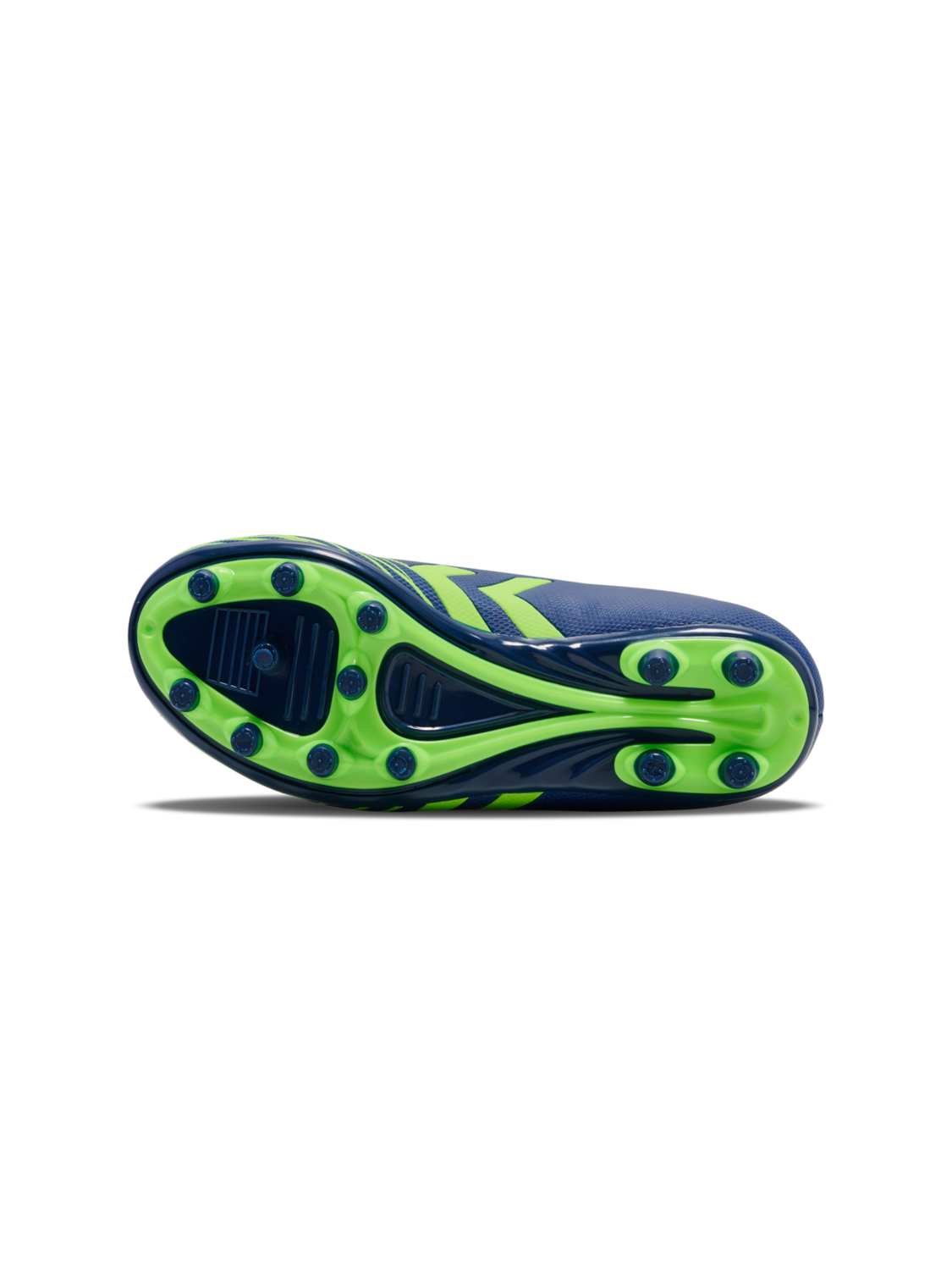 A firm ground football boot by Hummel, style Top Star F.G 2165658-7017 , in blue and lime with velcro fastening. View of sole.