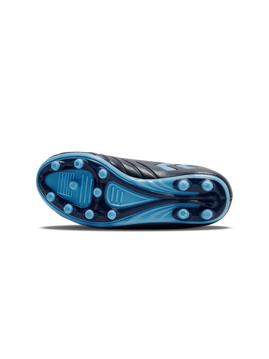 A firm ground football boot by Hummel, style Top Star F.G JR 216568-7381, in blue with velcro fastening. Sole view.