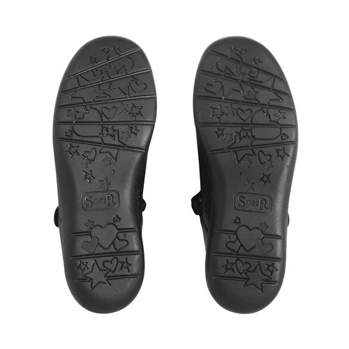 A girls Mary Jane school shoe by Start-Rite, style Bella in black patent with bow detail and velcro fastening. Sole view of pair.