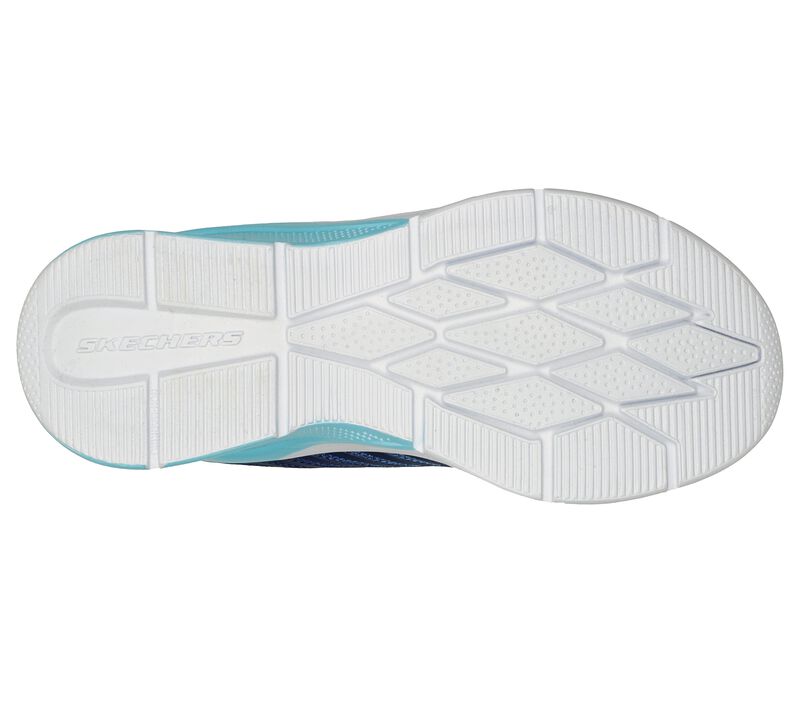 A girls trainer by Skechers, style Microspec Rejoice Racer, in Navy with stretch lace and velcro fastening. View of white sole.