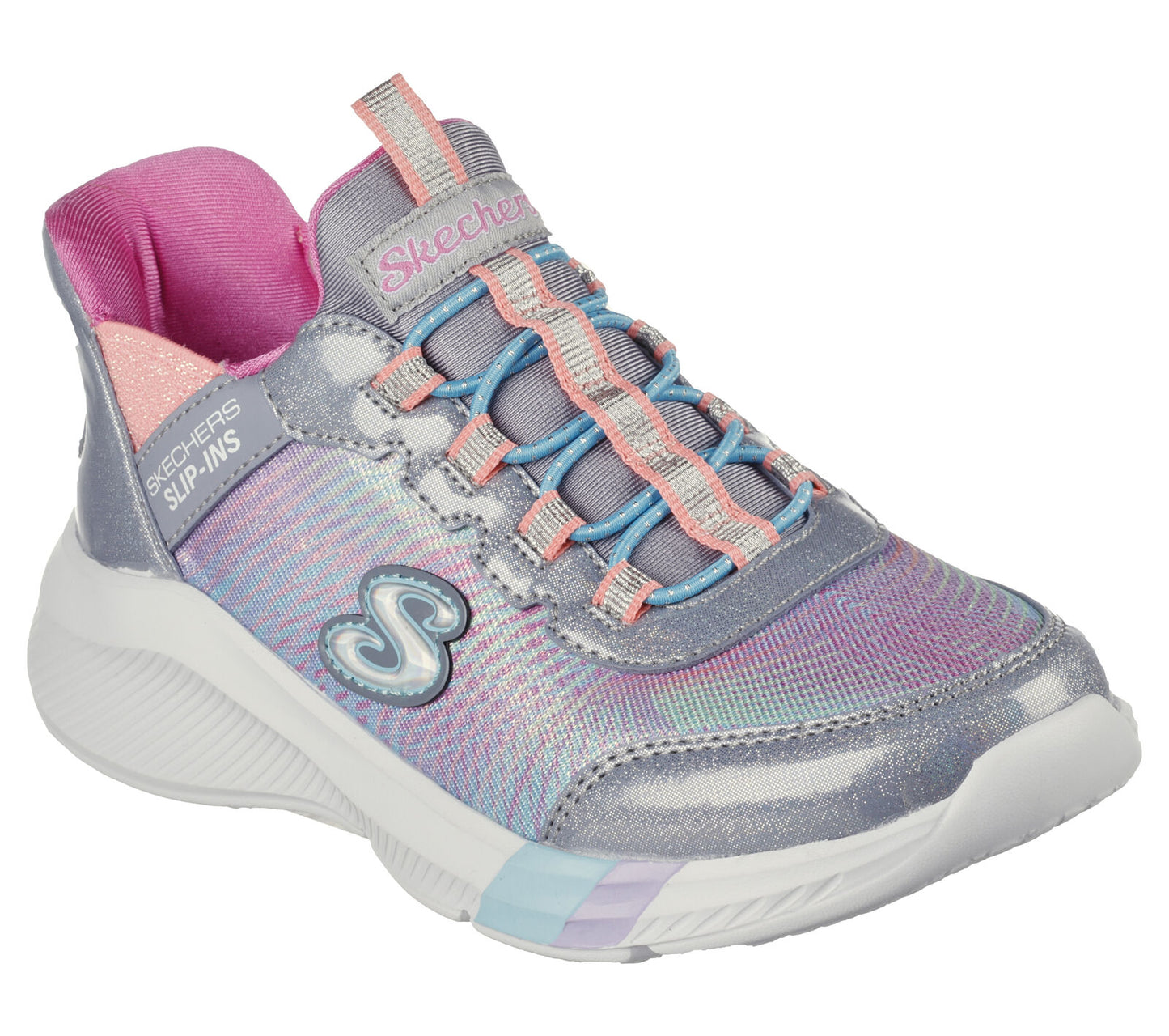 Skechers Colourful Prism girls slip-in trainer in grey and multi coloured textile print. elastic lace and the Skechers branding. Right angled view.