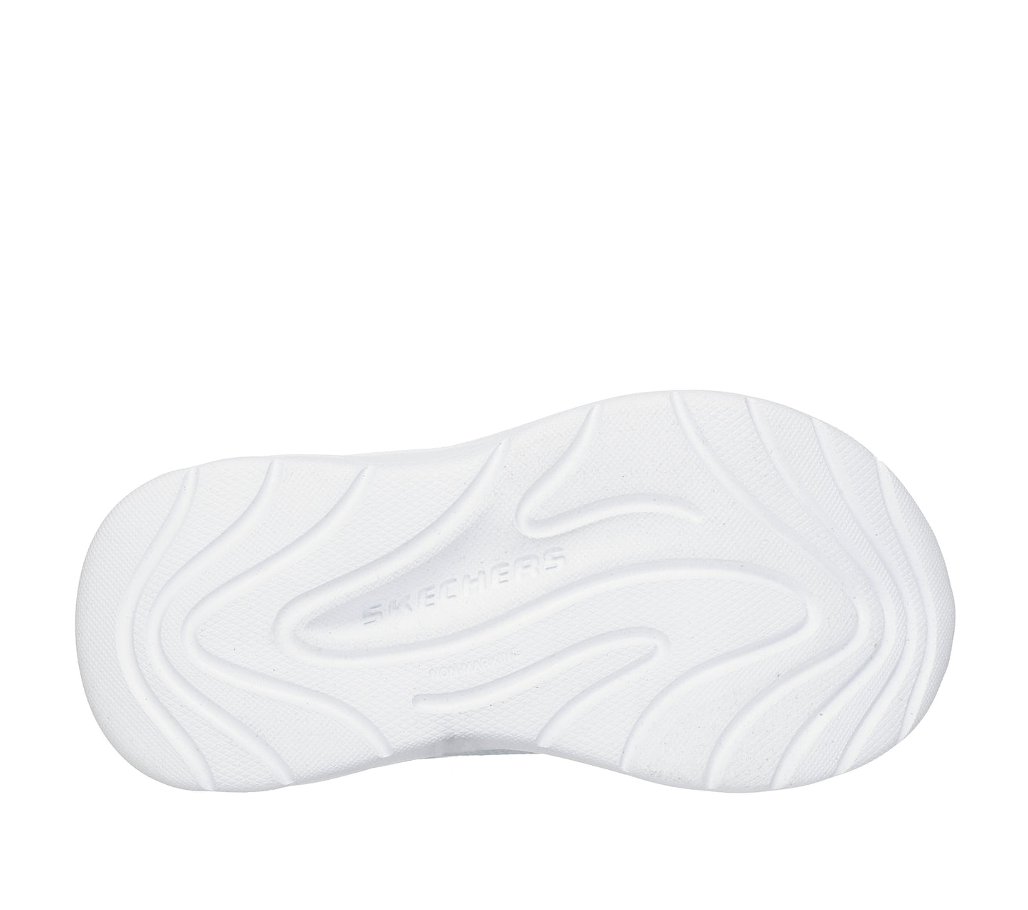 Skechers Wave 92 girls trainer in light grey with a Velcro strap and white sole. View of sole.