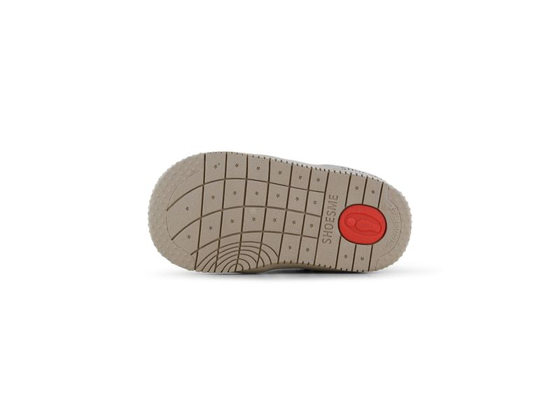 Shoesme Mid Top Trainer in navy and light blue with double Velcro strap, red and white detailing and a gum sole. View of sole.
