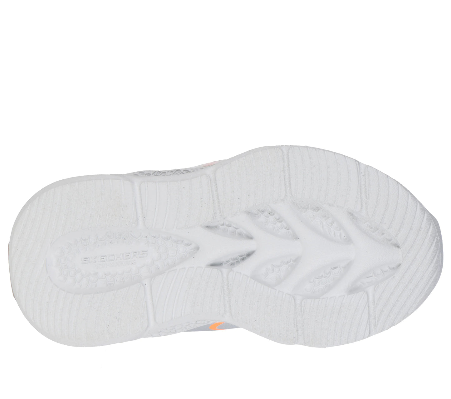 A boys trainer by Skechers, style Meteor Lights Glow Spike 401498N, in silver ,orange and navy with velcro fastening and light up sole. Right side view. Sole view.