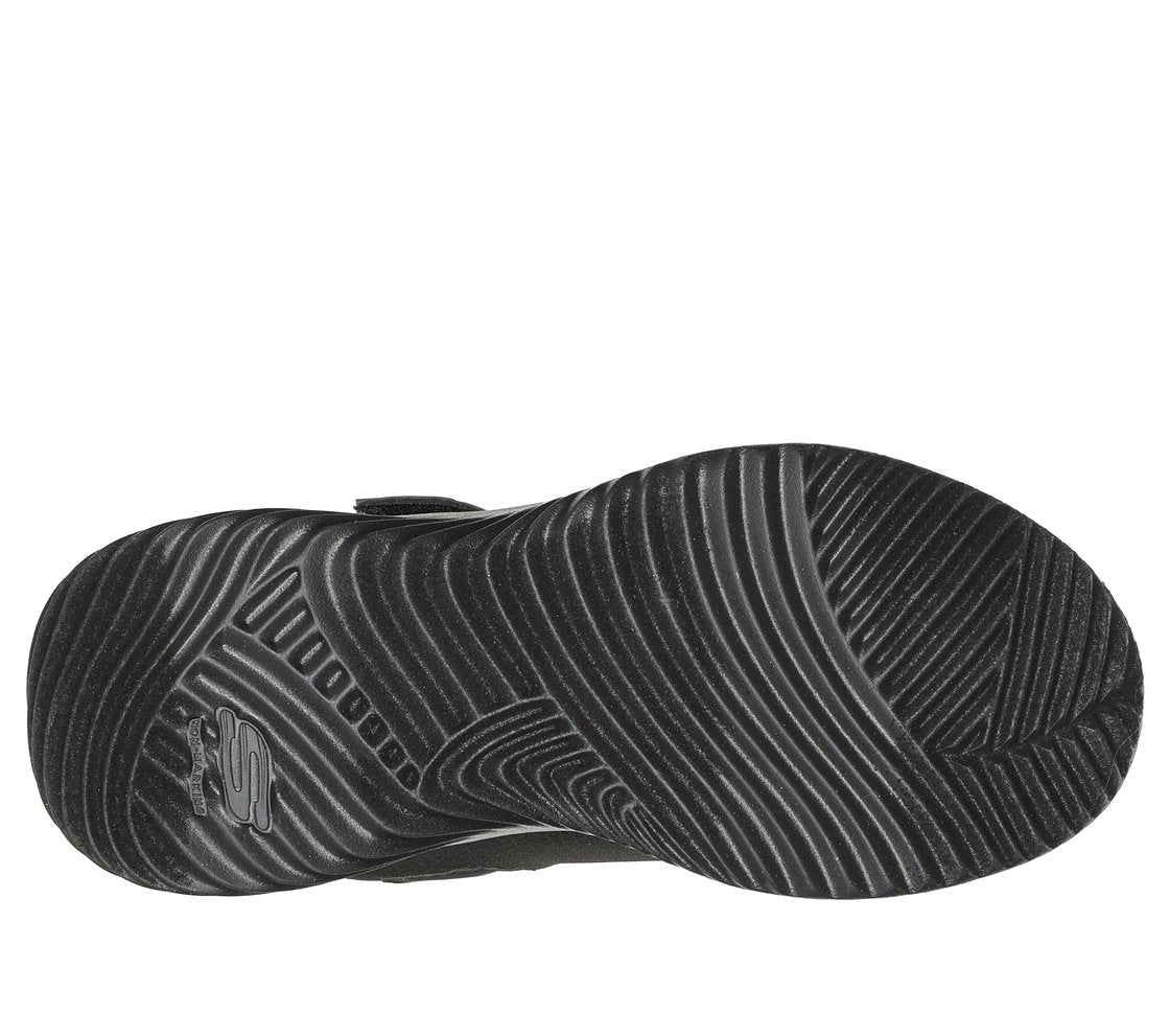 A waterproof unisex trainer by Skechers, style Bounder Dripper Drop, in black synthetic with single velcro fastening. View of sole.