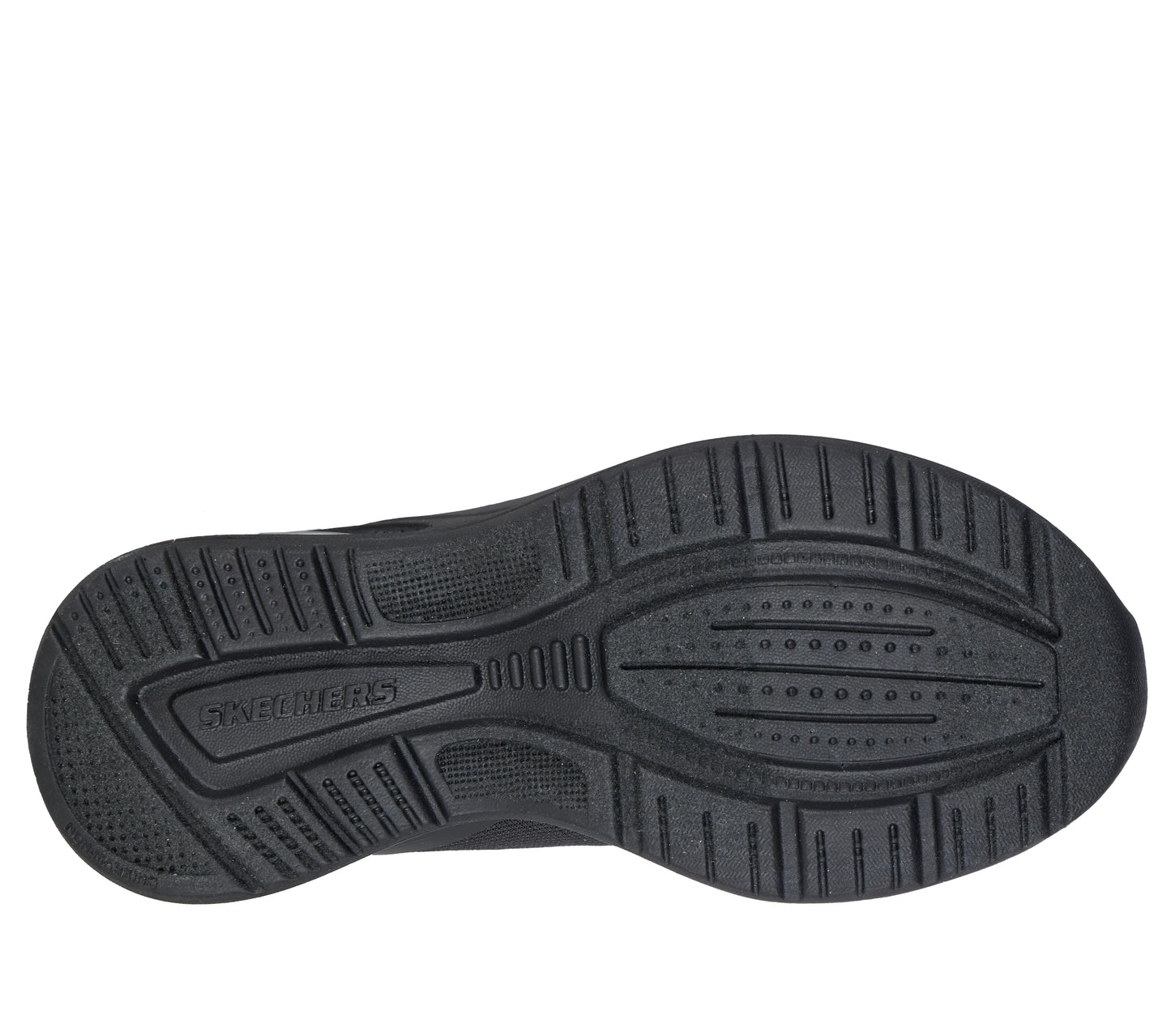 A unisex trainer by Skechers, style Microspec Max Advance Squad in black, with elastic laces, a velcro strap, bubble sole and Skechers logo on side. View of sole