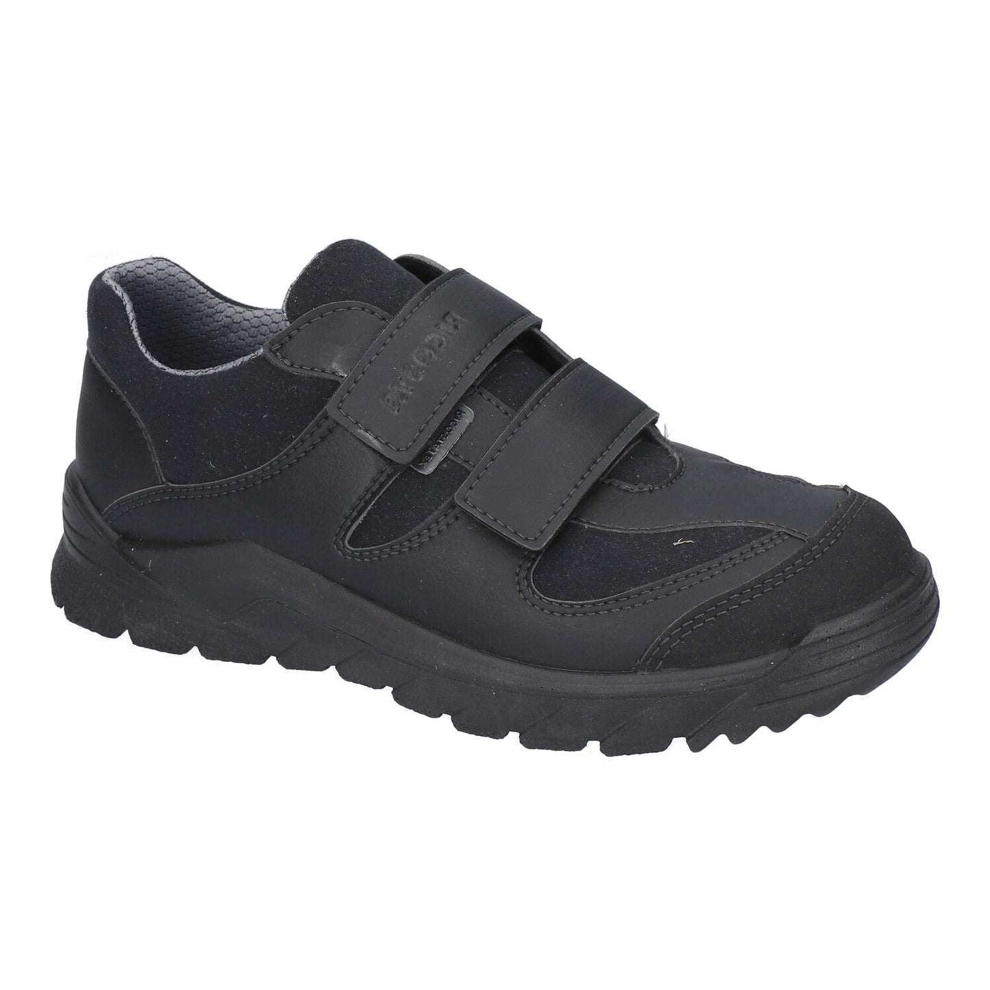 A boys school shoe by Ricosta, style Niro, black leather velcro. Right view.