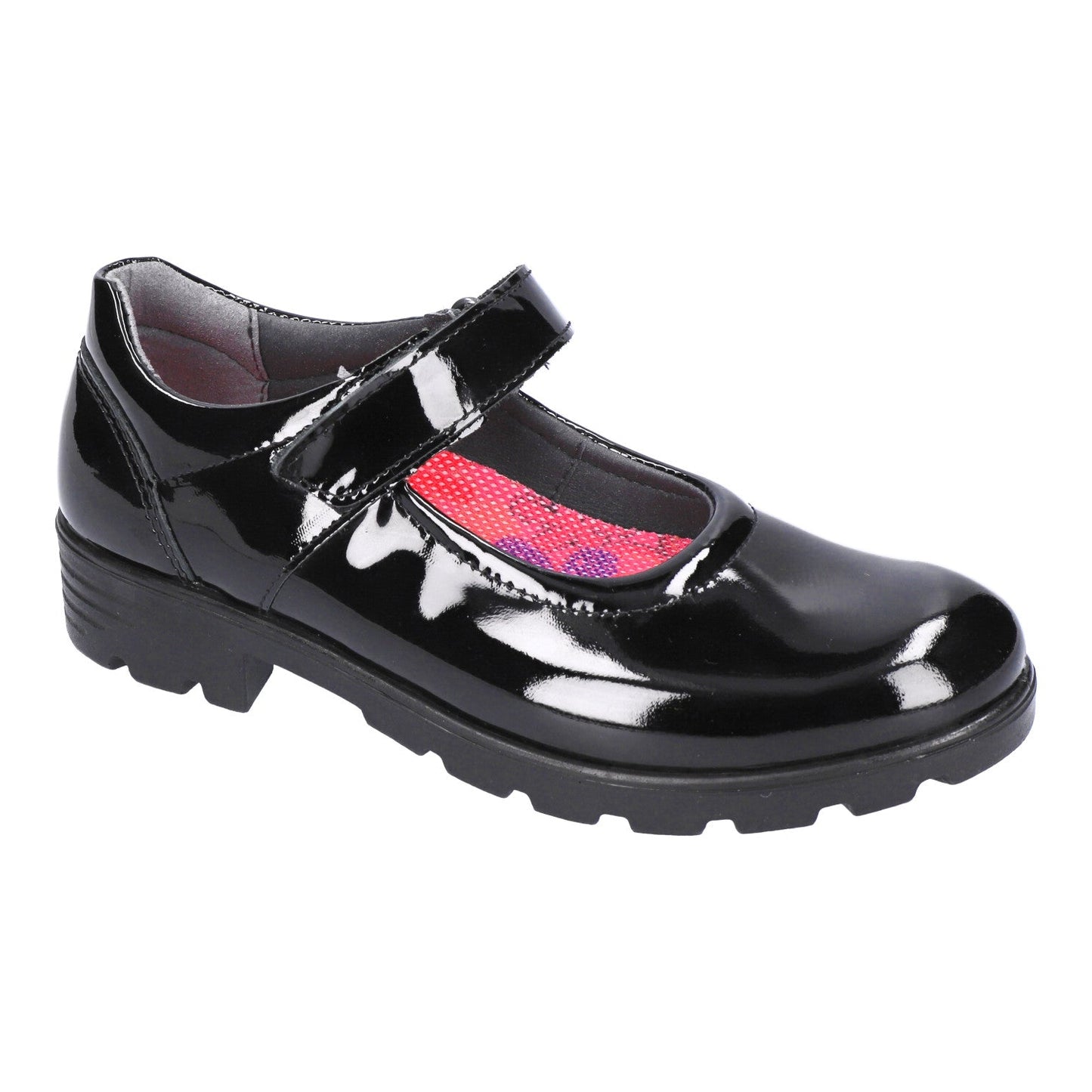 A girls Mary Jane school shoe by Ricosta, style Nora in black patent, velcro fastening. Right foot side view.
