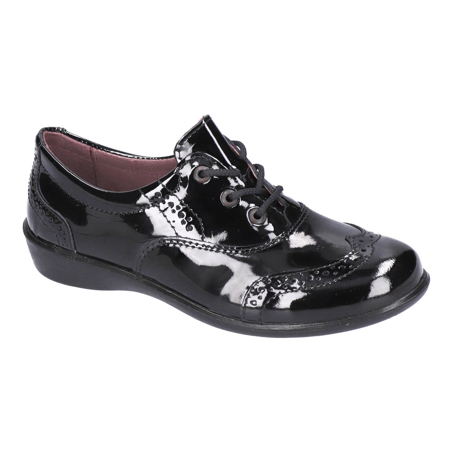 A girls lace up school shoe by Ricosta, style Kate in black patent, lace fastening. Left angled view.