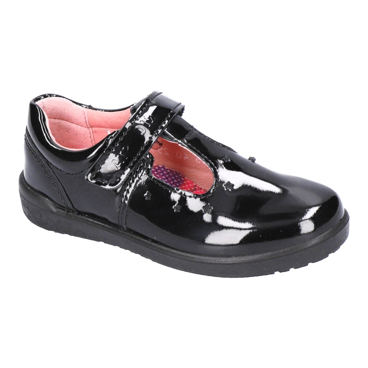 A girls T-bar school shoe by Ricosta, style Scarlett in black patent, velcro fastening. Left angled view.