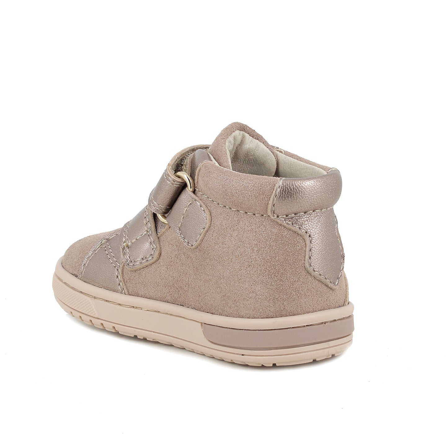A girls high top trainer by Primigi, style 8906222 Baby Dude, in taupe with gold studs and leopard star detail. Double velcro fastening. Angled left side view.