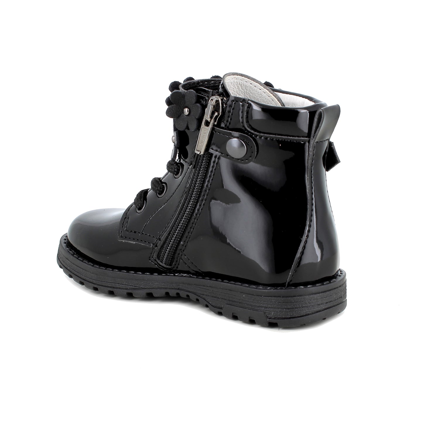 A black patent ankle boot by Primigi, style 8913611 Serena, in black patent with flower detail and lace and zip fastening. Angled left side view.