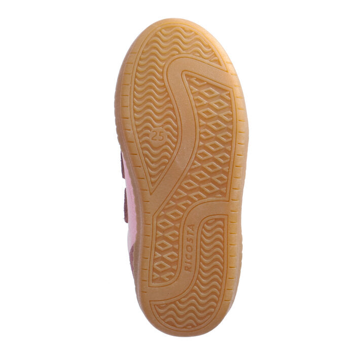 A girls casual shoe by Ricosta, style Dakota in sugar/metallic with two velcro straps, suede front and ankle and metallic effect. View of sole