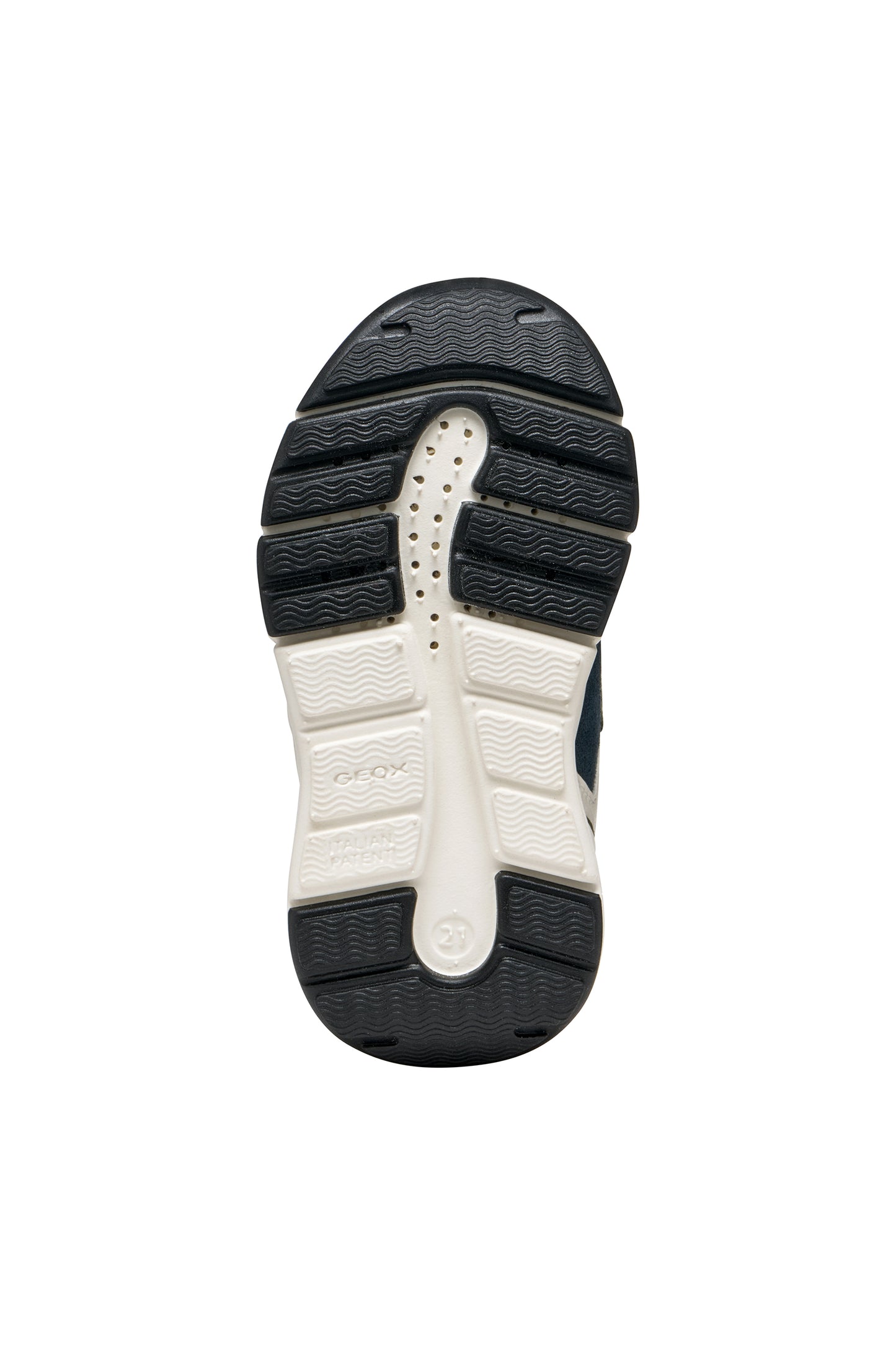 Green boys Geox trainer in the style Flexyper with blue and brown details with double Velcro strap and a white and blue sole. Sole view.