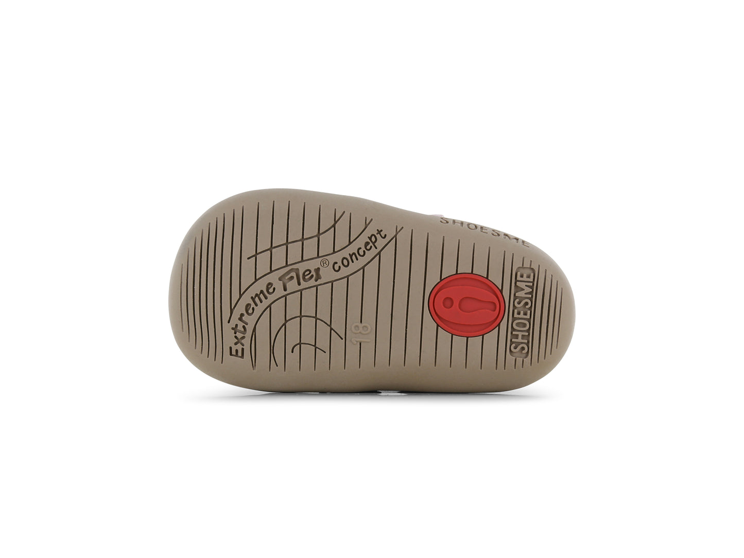 A girls ankle boot by Shoesme, style BF24W015-I1, in pink leather with toe bumper and double velcro fastening. Sole view.