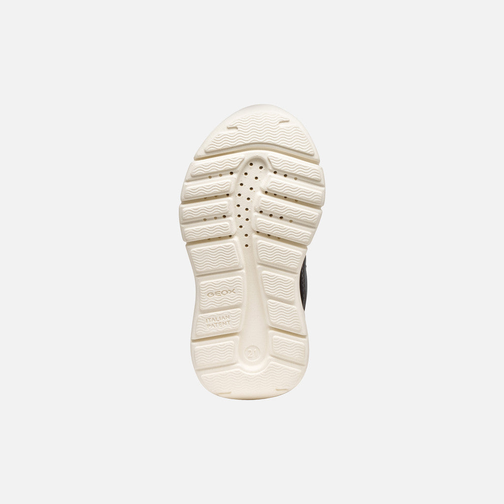 A girls casual trainer by Geox, style B Flexyper Mini B566NB, in grey with pink glitter star to side and pink trim. Velcro fastening. Sole view.