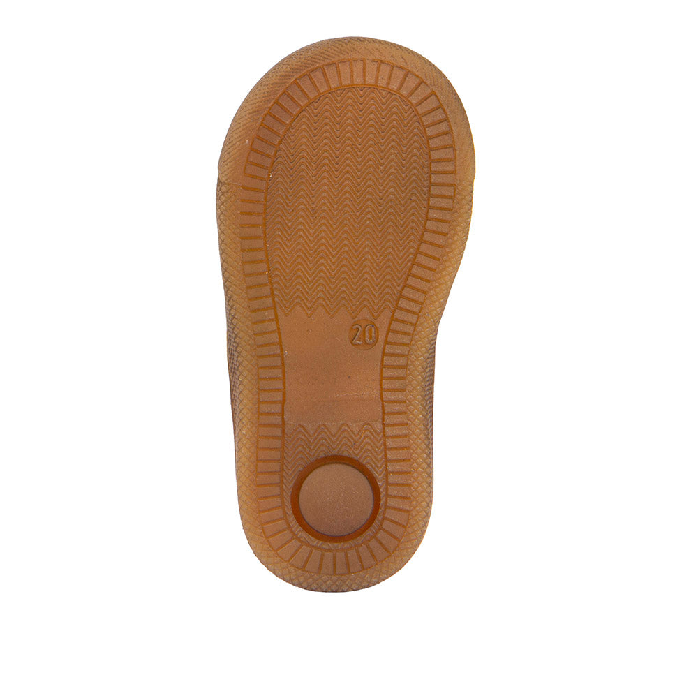 Froddo Rosario High Top boot in brown leather with double Velcro strap, blue details and gum sole. Sole view.