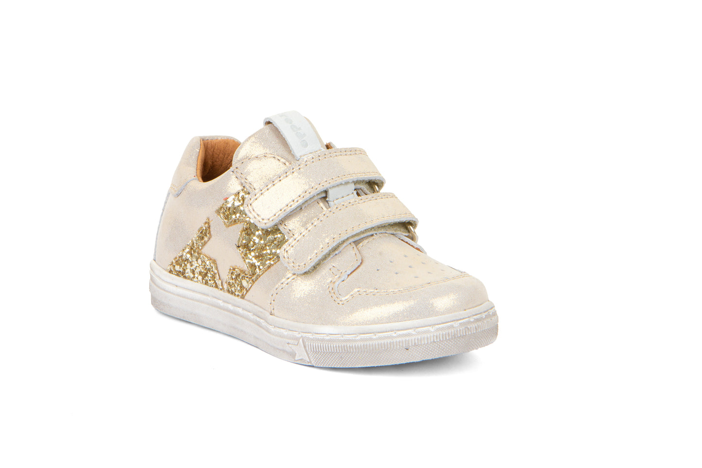 A girls casual occasion shoe by Froddo, style G2130315-11 Dolby, in light gold metallic with gold sequin block and star detail, double velcro fastening. Angle view.