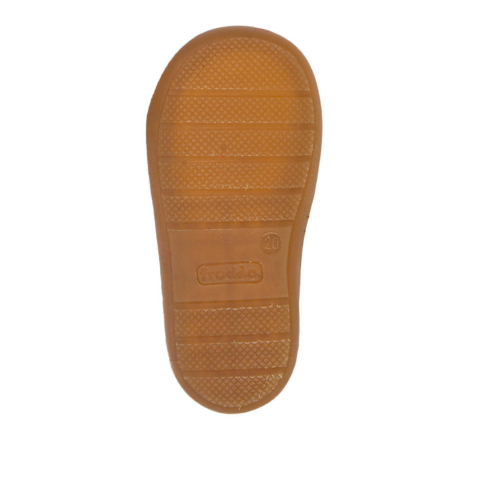 A casual boys shoe by Froddo, style Ollie S Star, in navy blue with yellow star on side, with two velcro straps and heel and toe bumpers. View of sole with Froddo logo