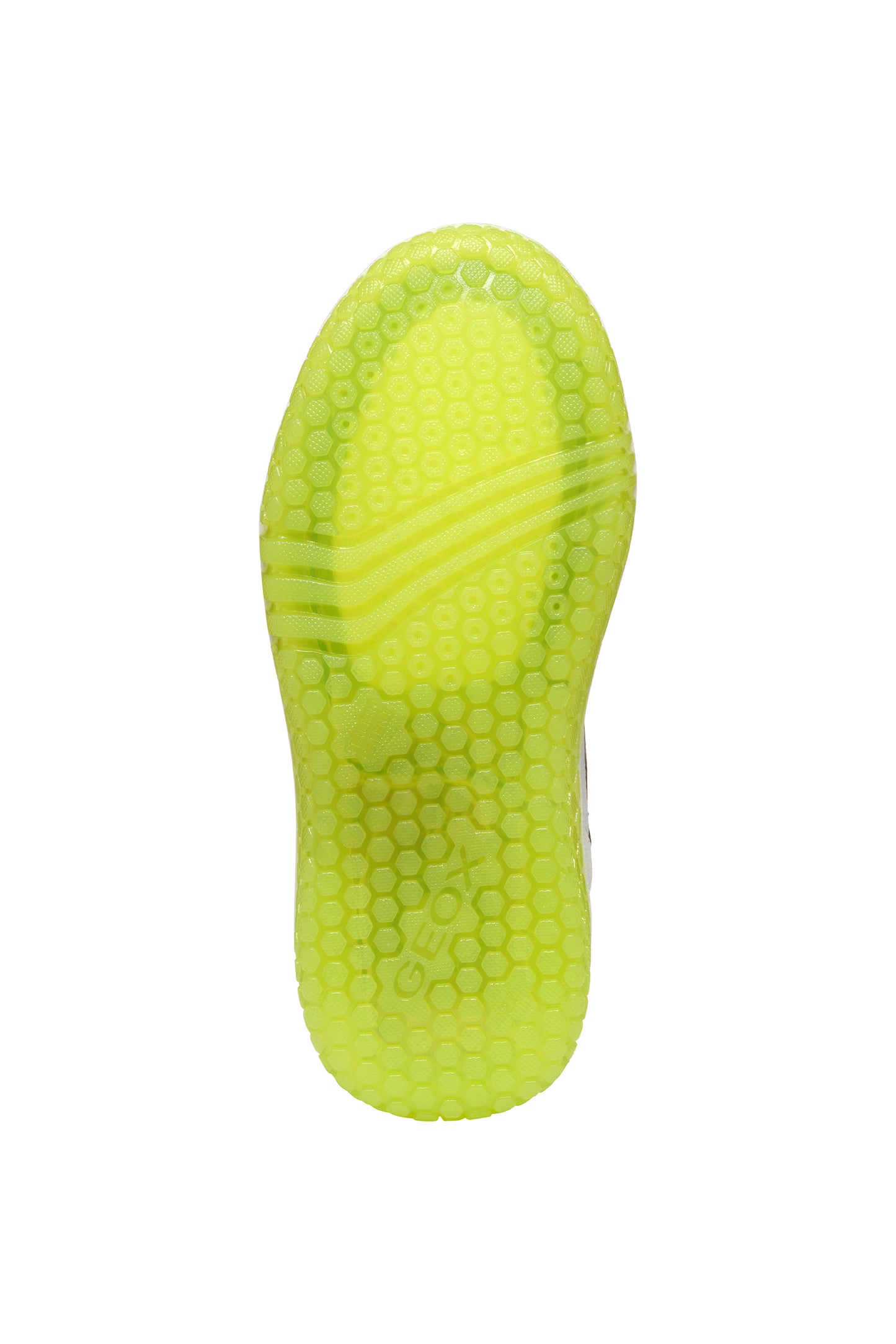 A boys light up trainer by Geox, style J Buzzerlight, in navy and lime with elastic lace and single velcro fastening. View of sole.