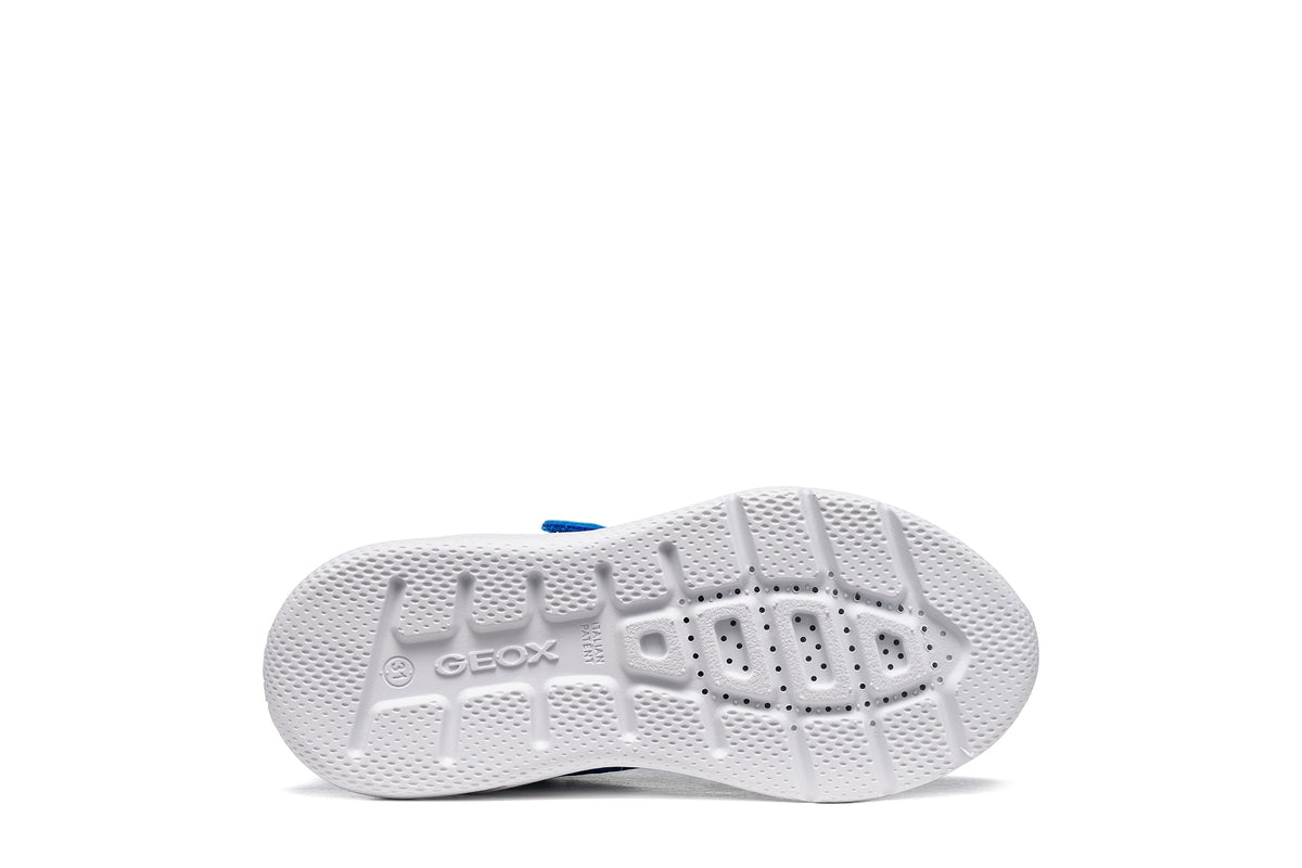 Geox boy's trainer in the style Sprintye Boy in blue and white with a Velcro strap, black detailing and white sole. View of sole.