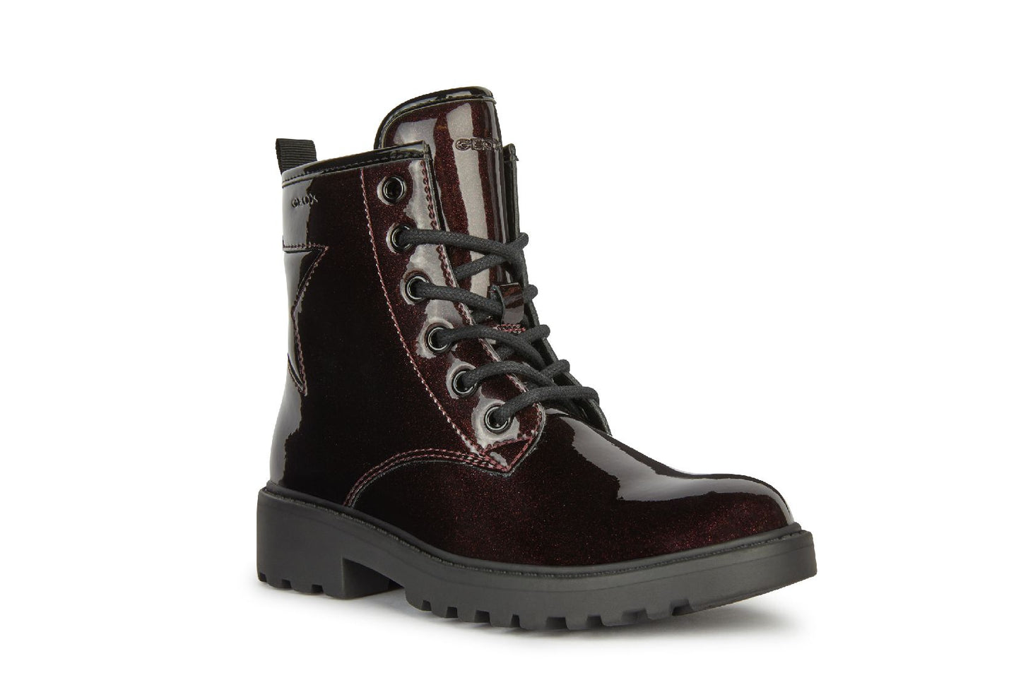 An ankle boot by Geox, style Casey G, in burgundy/black, with star detail on back and black laces. Angled right side view.