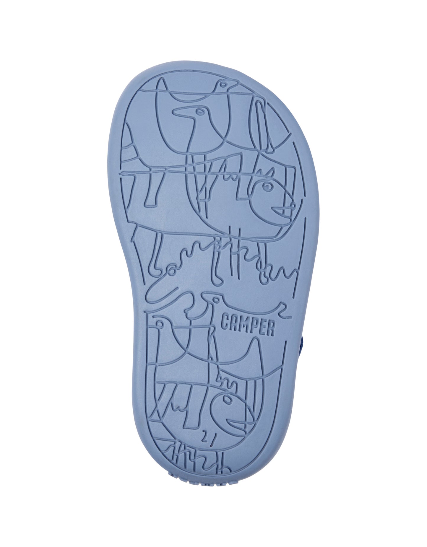 A unisex sandal by Camper, style Twins, open toe with a back, in blue and green with two velcro straps. View of blue sole.