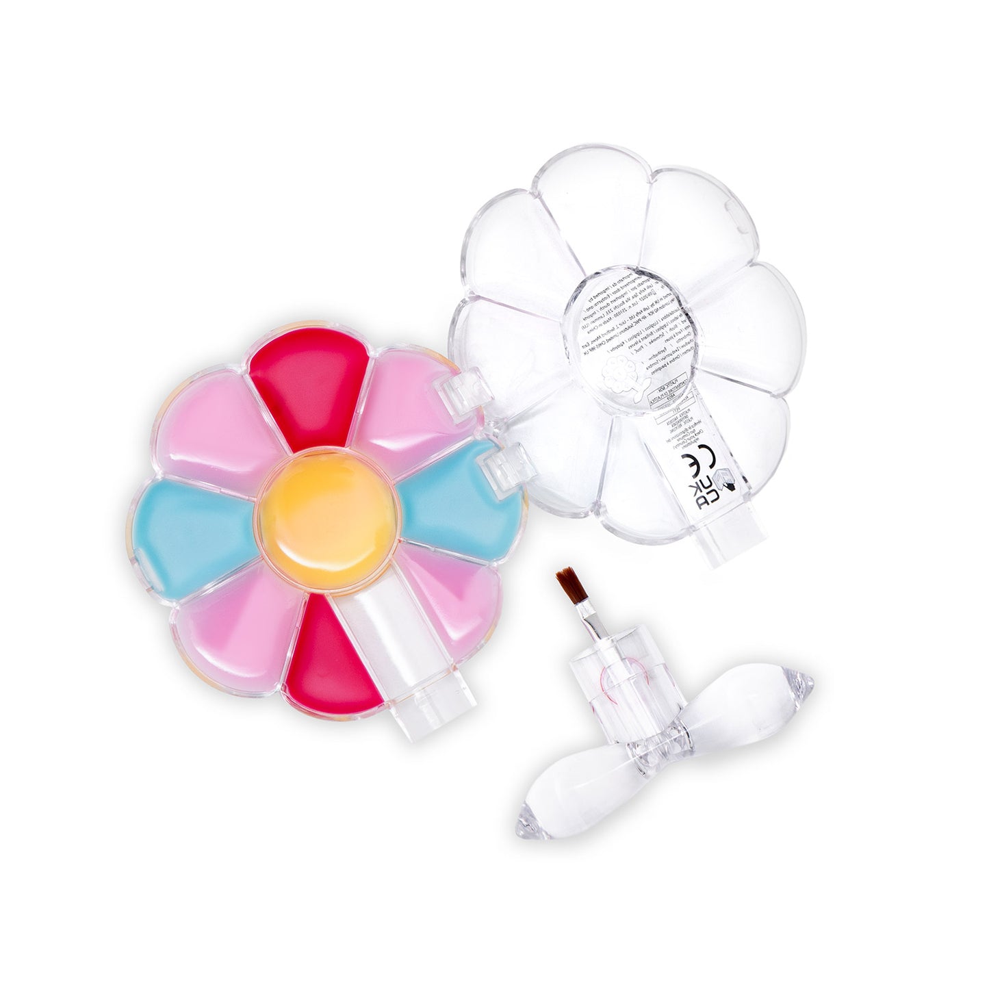 Colourful flower-shaped lip gloss palette with a central circular design on a white background. Clear plastic stem detached with small brush inside and flower section open