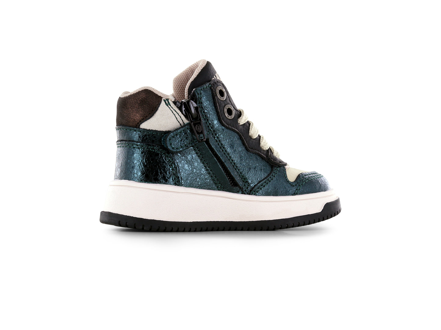 A girls Hi Top casual boot by Shoesme, style No24W006-G1, in metallic green and cream with pink star detail. Zip and lace fastening. View of inner side showing zip fastening.