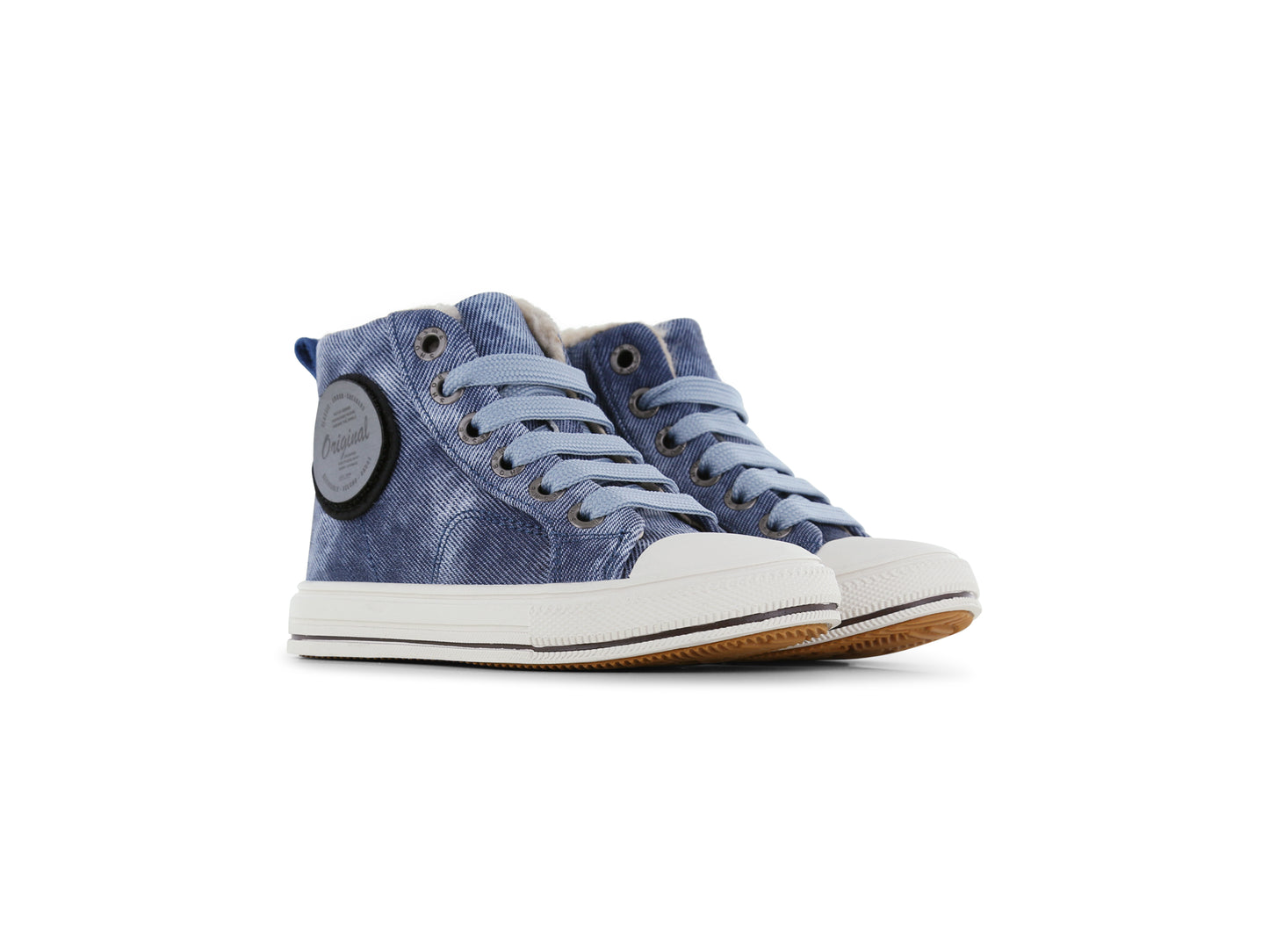 A unisex casual high top boot by Shoesme, style ON24W404-B1, in blue denim with zip and lace fastening and white sole and toe bumper. View of pair.