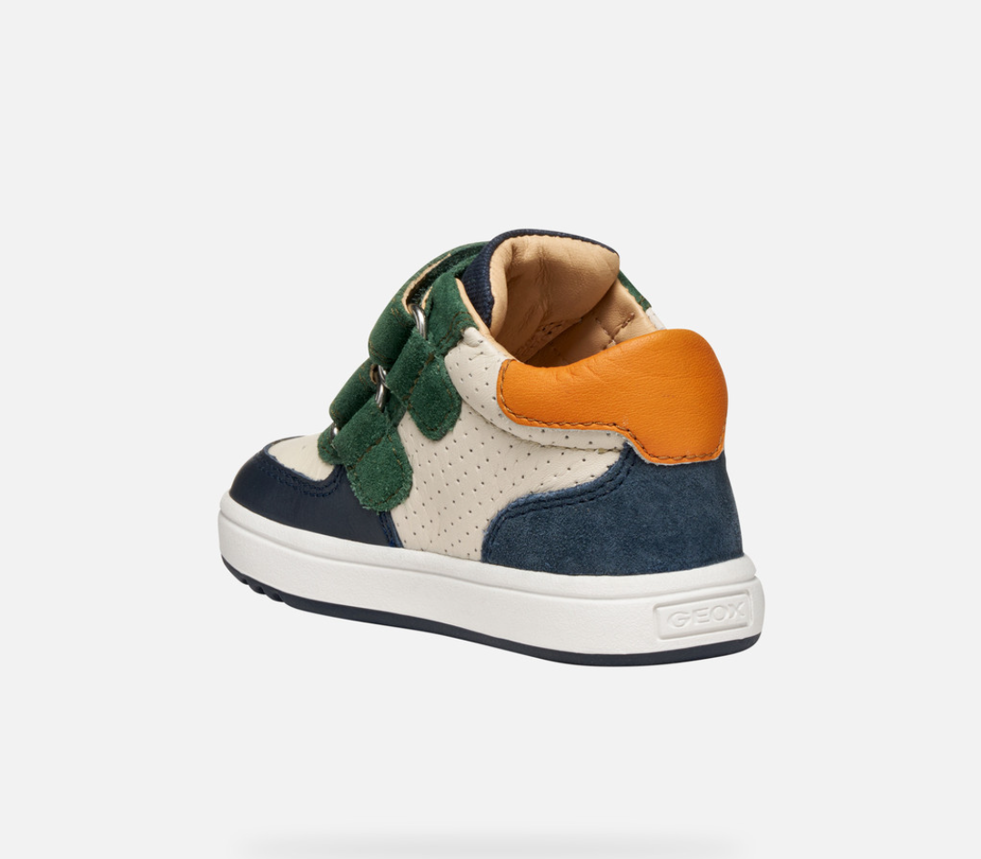 A boys hi top trainer by Geox, style B554DA B Biglia Boy, in green and ivory multi with double velcro fastening. Angled left side view.